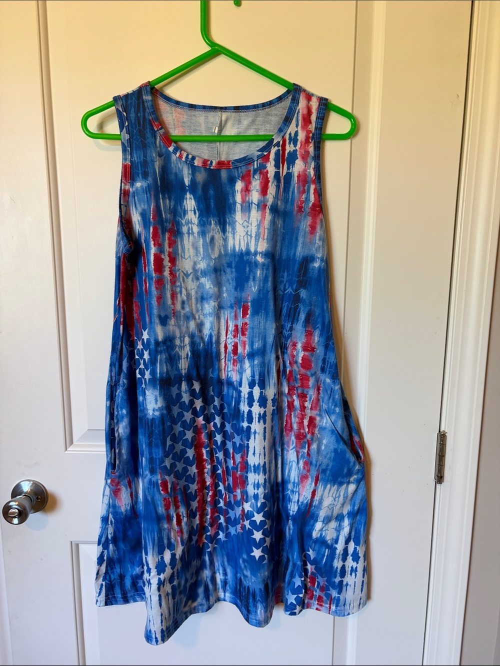 Sleeveless Tie-Dye Star Print Sundress - Blue & Red